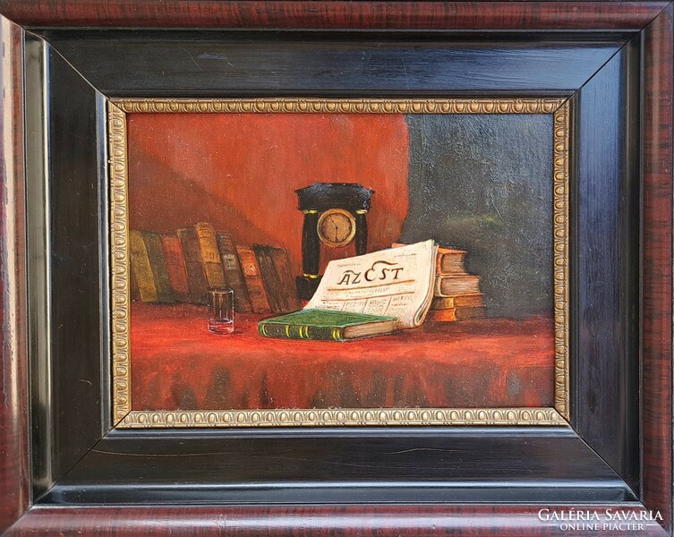 Still life in the evening with magazine, clock and books (old oil painting with frame)