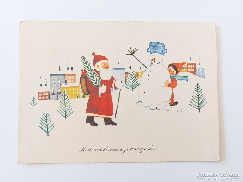 Old Christmas postcard 1973 picture postcard Santa Claus snowman