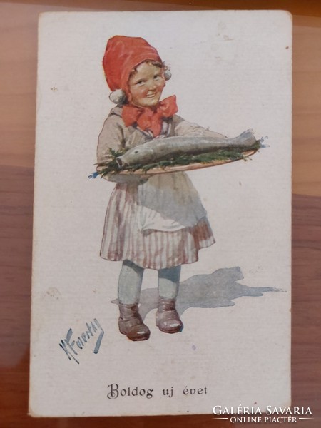 Old New Year's card postcard little girl fish