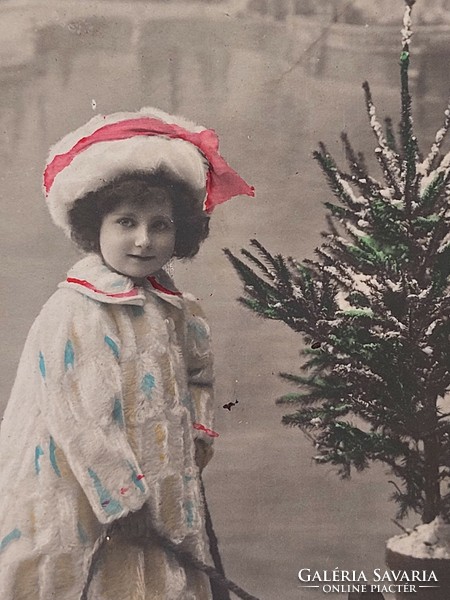 Old Christmas card photo postcard little girl sled