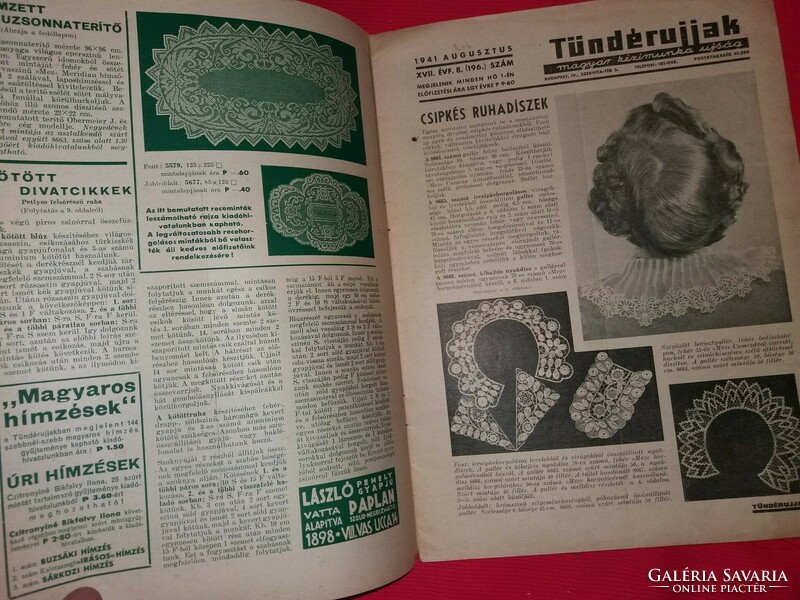 Antik 1941 augusztus Tündér ujjak kézimunka Magazin melléklettel gazdagon illusztrálva