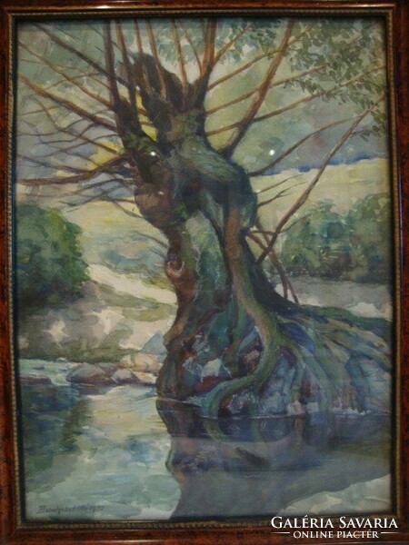 Labeled watercolor landscape old willow tree