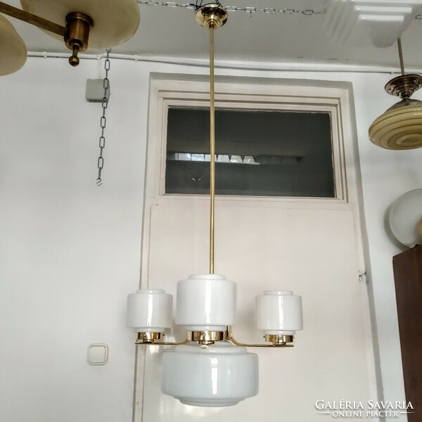 Art deco - streamlined 3-arm - 4-burner copper chandelier renovated - stepped milk glass shades - lampart