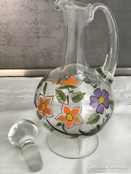 Hand-painted base liquor jug with polished stopper, 25 cm high