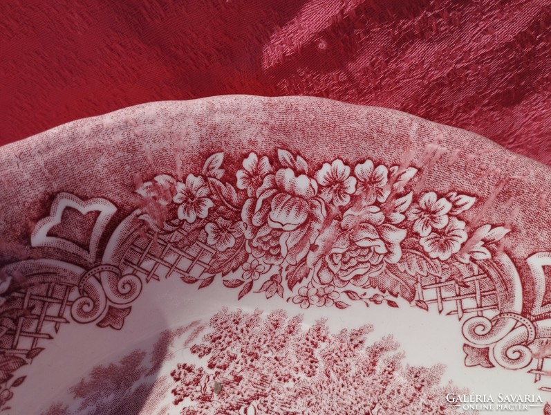 Angol, jelenetes porcelán mély káposztás kínáló tál, asztalközép