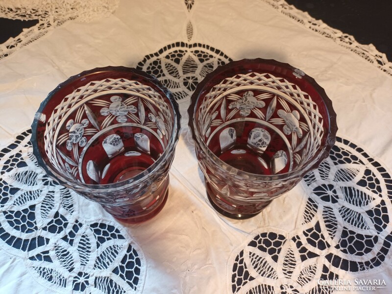 Nice and cheap! Pair of old lead crystal red stained laminated glass vases for sale!