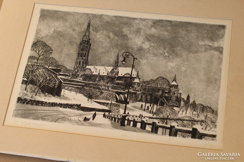 Matthias Church in Budapest in the winter copperplate graphic