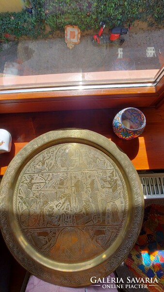 Large copper wall bowl with Egyptian motifs. 50 cm diameter.