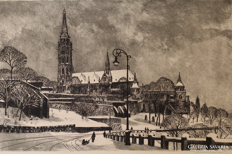 Matthias Church in Budapest in the winter copperplate graphic