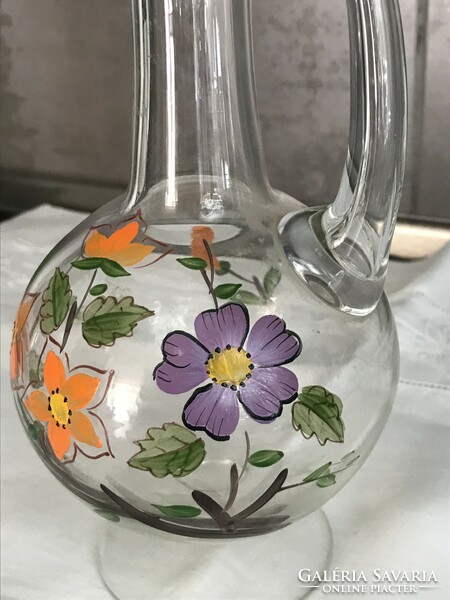 Hand-painted base liquor jug with polished stopper, 25 cm high