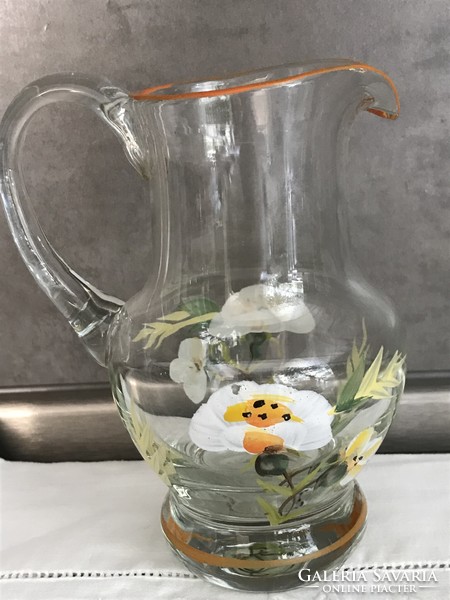 Hand-painted small glass jug, 14 cm high