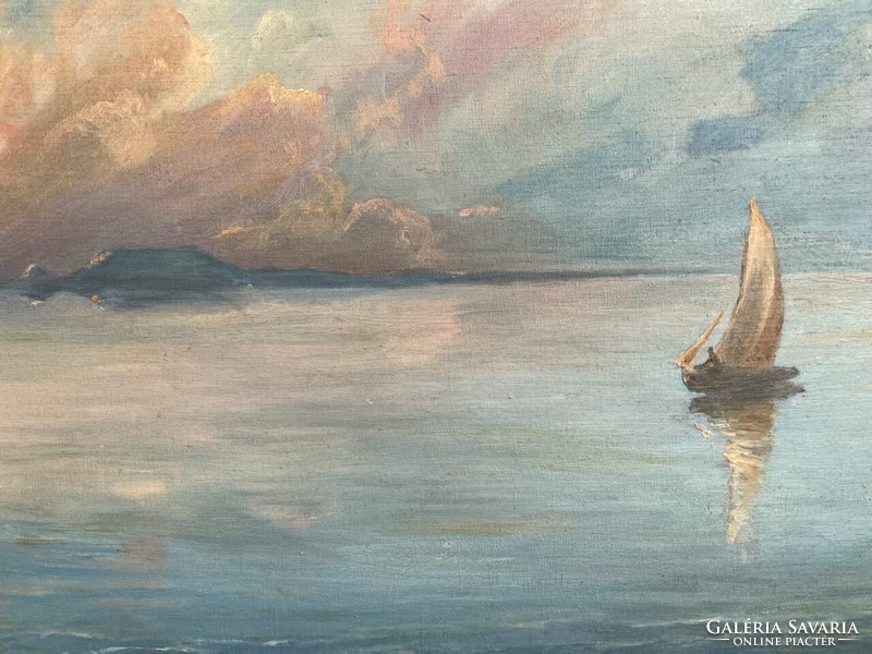 Oil painting depicting a sailing ship