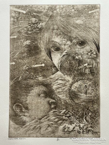 Gábor Rádóczy Gyarmathy (1943. –) Painter 7/50. Etching 61x70cm children's eyes