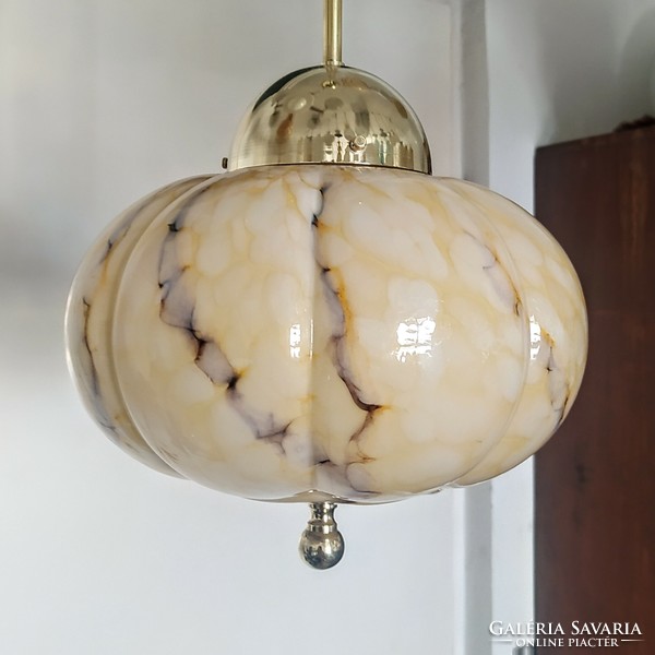 Refurbished art deco copper ceiling lamp - special shaped, marbled shade