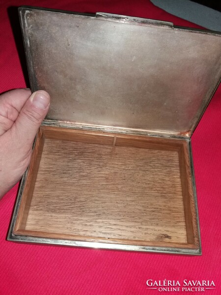 Antique tabletop metal silver-plated alpaca cigar holder inside wooden offering box as shown in pictures 16 x 12 x 4 cm