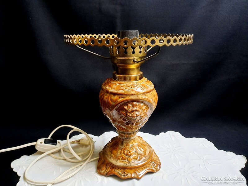 Table lamp converted from a very old kerosene lamp: ceramic, glass, copper 51 cm high