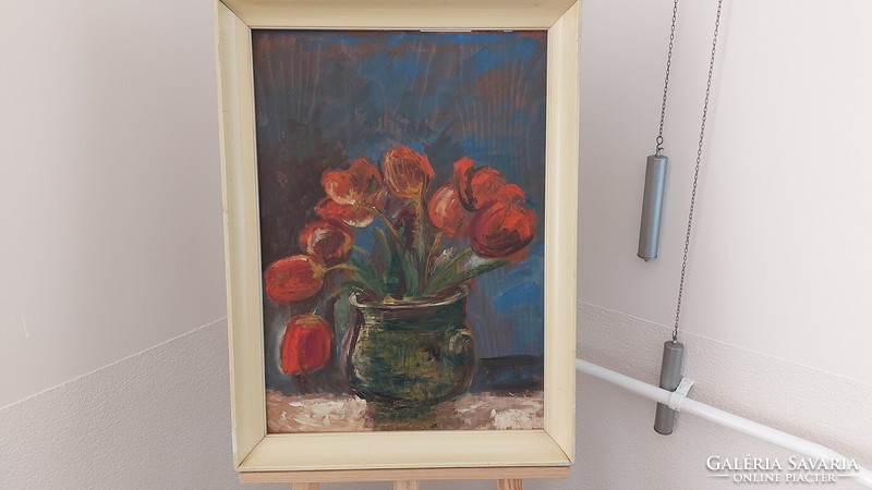 (K) Somogyi Katalin képcsarnokos virágcsendélet festmény 51x69 cm kerettel. Olaj, fa.