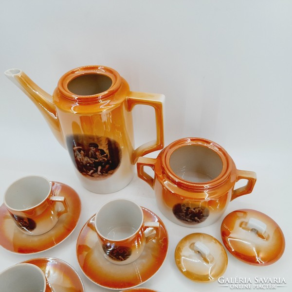 Luster-glazed, scenic Zsolnay porcelain coffee set