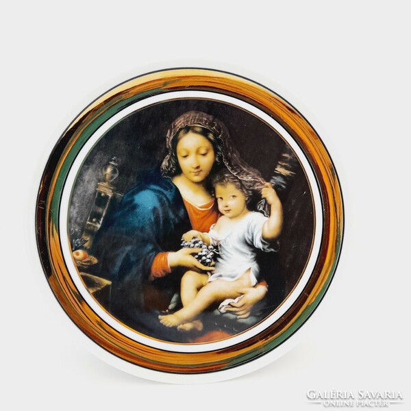 Hollóházi porcelain wall decorative plate, virgin with grapes, 24.7 cm