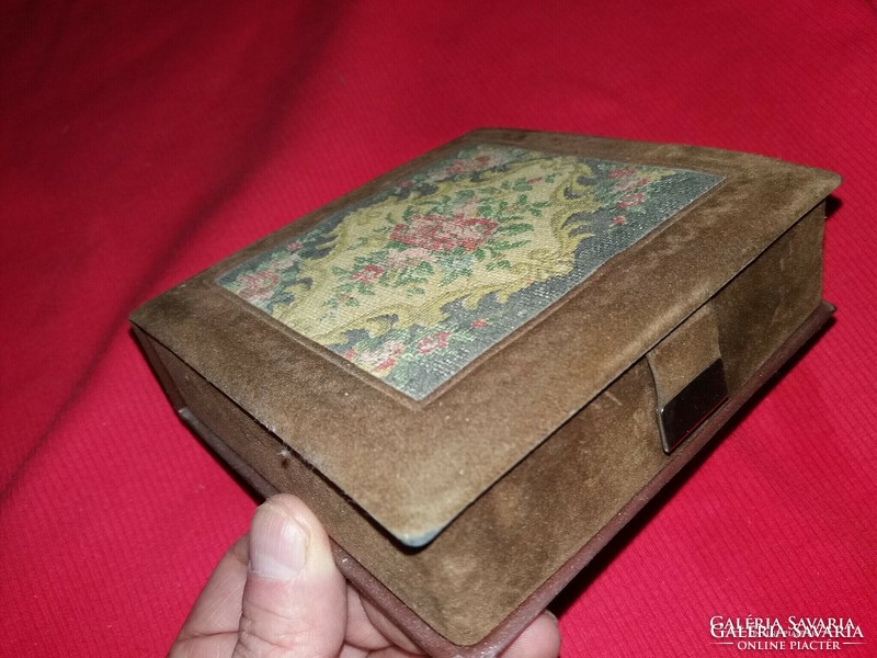 Old split leather coated needle tapestry decorated inside mirrored silk wooden jewelry box as shown in pictures