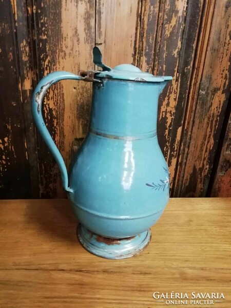Large water jug, enameled metal jug, enamel jug with a beautiful flower pattern