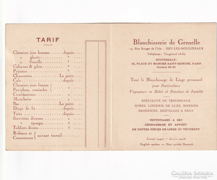 Price list of Blanchisserie de Grenelle laundry and cleaner 1920-40 (can be opened)