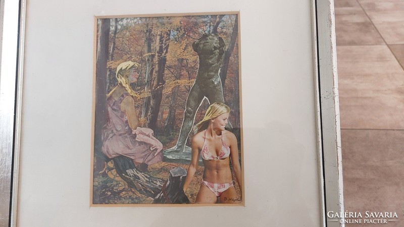 (K) B. Hajdú László remek kollázs képe 37x52 cm kerettel