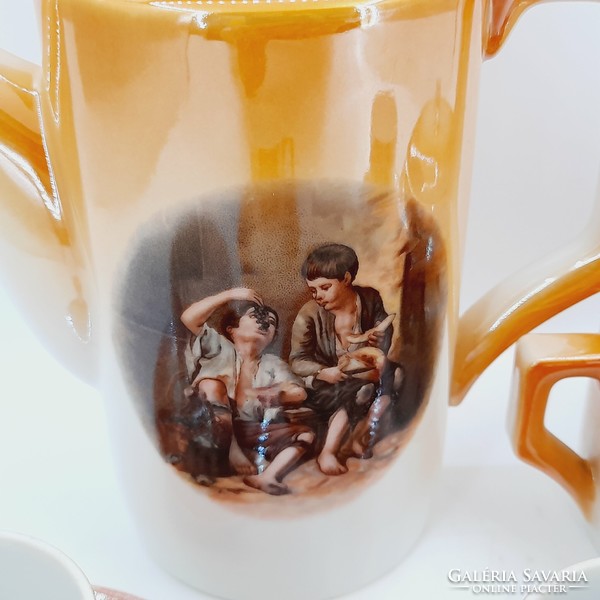 Lüsztermázas, jelenetes Zsolnay porcelán kávés készlet