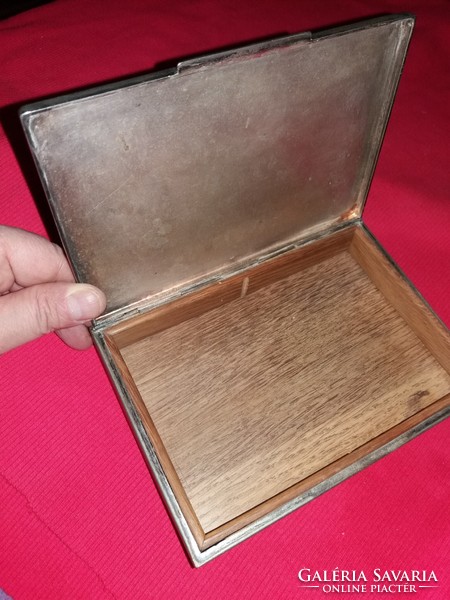 Antique tabletop metal silver-plated alpaca cigar holder inside wooden offering box as shown in pictures 16 x 12 x 4 cm