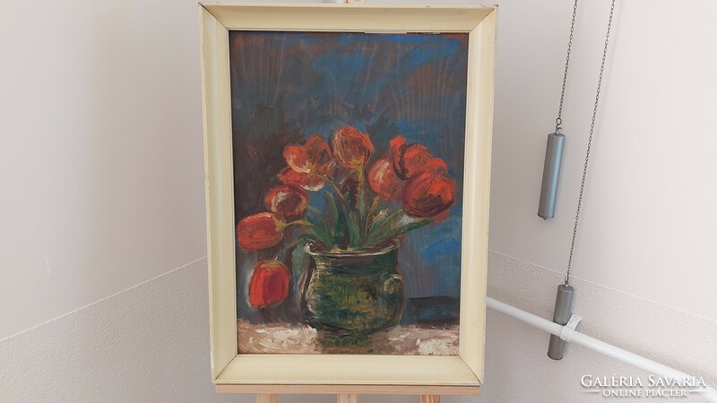 (K) Somogyi Katalin képcsarnokos virágcsendélet festmény 51x69 cm kerettel. Olaj, fa.