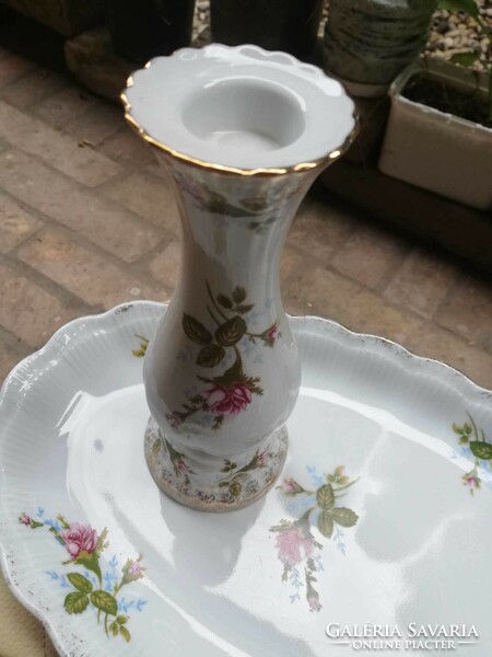 A beautiful pink old Polish large serving table centerpiece + candle holder