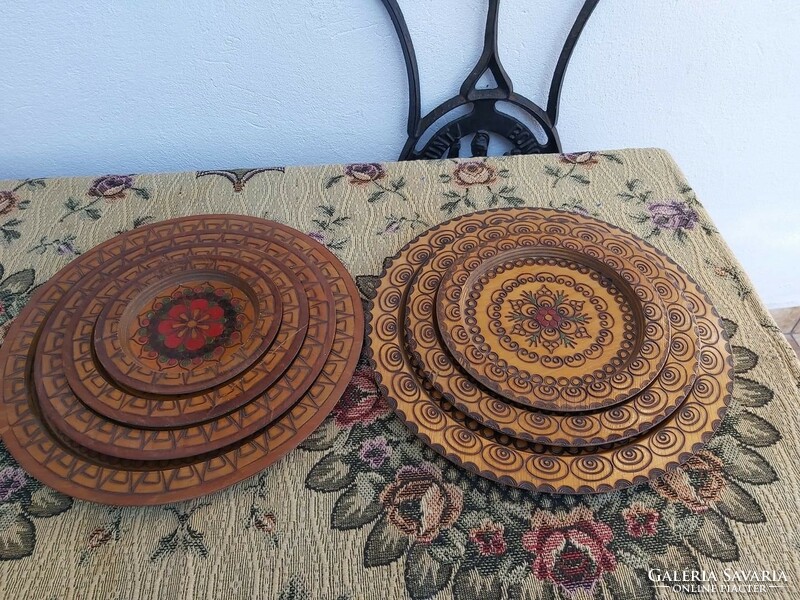 Wooden carved and painted wall plate set of wall plates. Plate