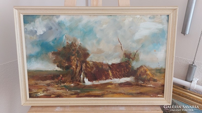 (K) Szignózott kis tanya festmény Nagy Ernő (?) 58x38 cm kerettel