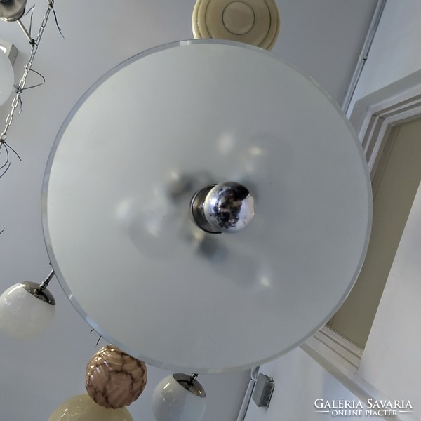 Art deco - streamlined 3-burner nickel-plated chandelier renovated - acid-etched glass disc