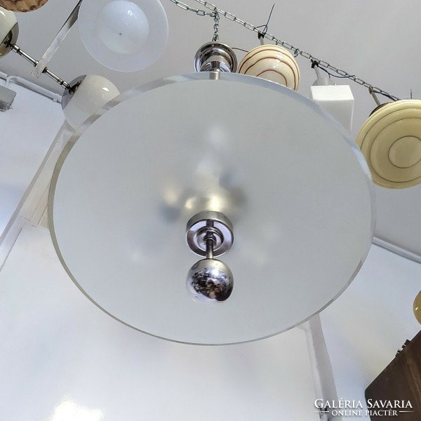 Art deco - streamlined 3-burner nickel-plated chandelier renovated - acid-etched glass disc