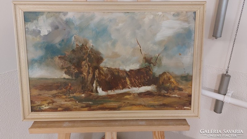 (K) Szignózott kis tanya festmény Nagy Ernő (?) 58x38 cm kerettel