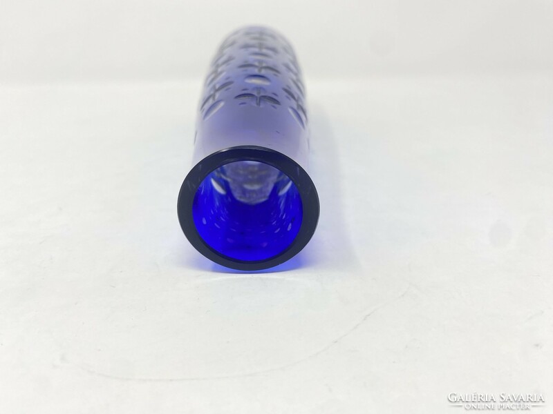Retró kék kis virágos csiszolt dekoratív üvegváza