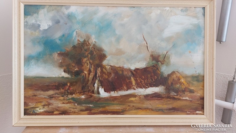 (K) Szignózott kis tanya festmény Nagy Ernő (?) 58x38 cm kerettel