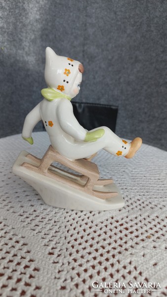 Aquincum porcelain boy sledding, marked, numbered, 12 x 9 cm, undamaged