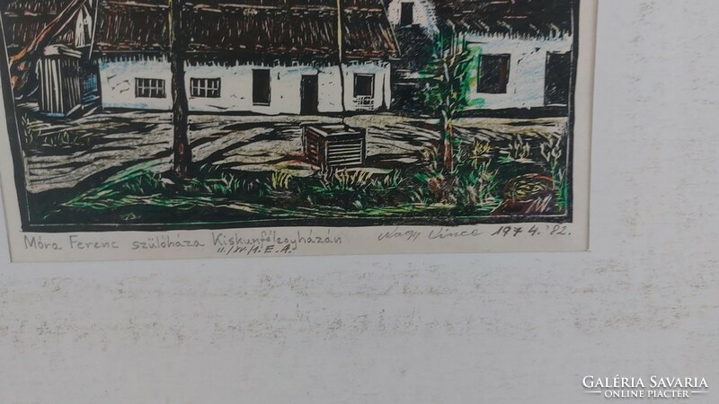 (K) linocut of great vince, the birthplace of ferenc móra