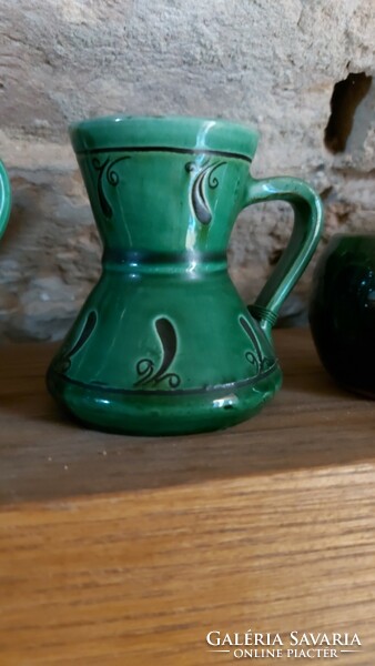 Glazed green ceramic brandy glasses. 3 Different shapes.