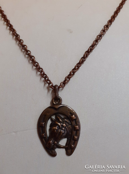 Retro bronze industrial art long necklace with openwork pattern horseshoe with horse head pendant