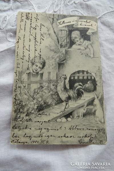 Antik hosszúcímzéses monokróm képeslap, Húsvét, gyerekek, kakas, nyuszi 1904