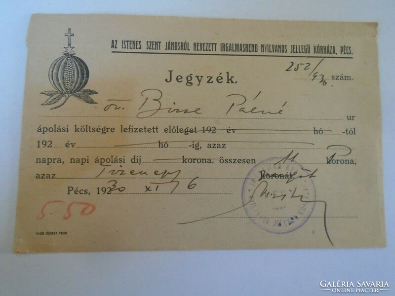D198324    Régi irat  - Jegyzék  -  PÉCS - Az Irgalmasrend Kórháza - 1930   11 korona  -Bizse Pálné