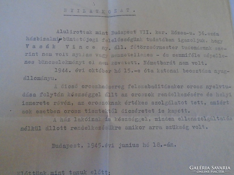 D198328  ﻿Nyilatkozat -Vasák Vince ny. áll. főtörzsőrmester-nem volt nyilas vagy nemzetellenes 1945