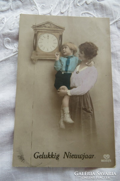 Antique German hand-colored New Year photo card/postcard lady with little boy, clock 1910s