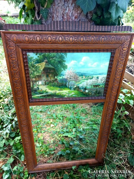 Beautiful antique mirror, decorated with a picture of a village scene, 109x62.5 cm