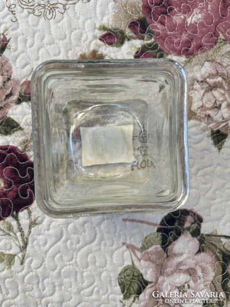 Négyzetes üveg mécsestartó vintage zománc táblácskával