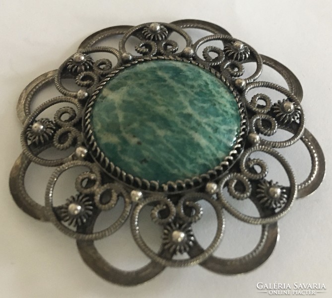 Old large Russian silver flower brooch with serpentine stone