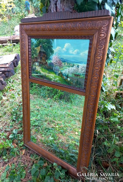 Meseszép antik tükör, falusi jelenetes képpel díszítve 109x62,5 cm